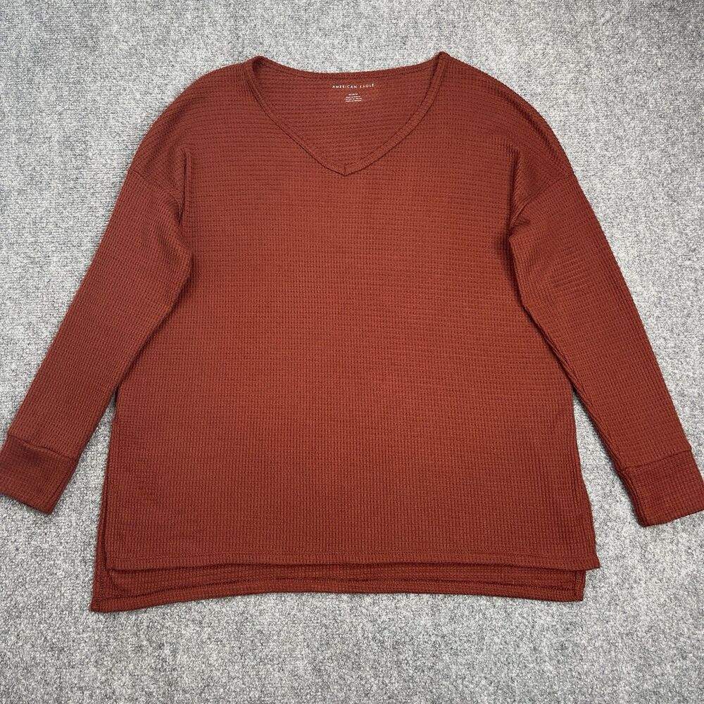 American Eagle Thermal Top Womens Medium Oversized Waffle Knit V Neck Rust Brown